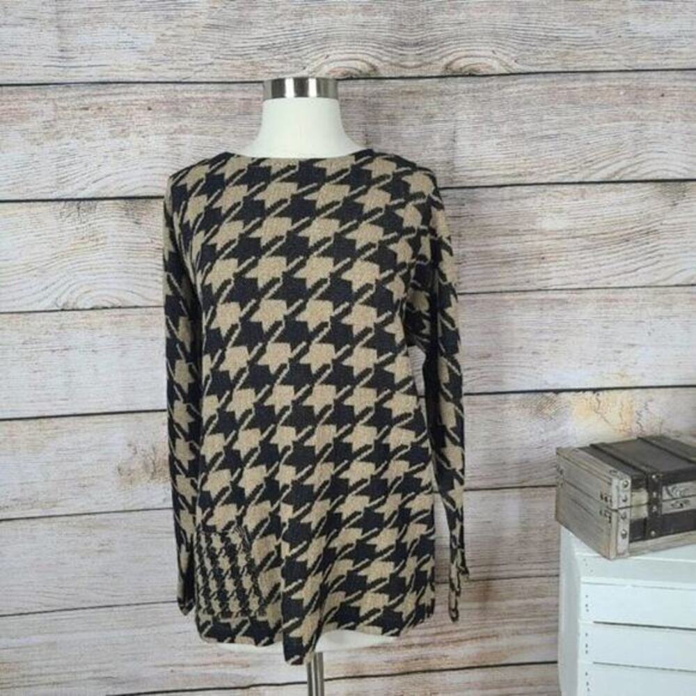 J Jill Houndstooth Sweater Pockets Black‎ Tan M
